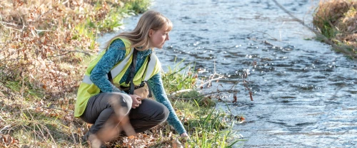 Environmental field scientist collecting a water sample from a stream.