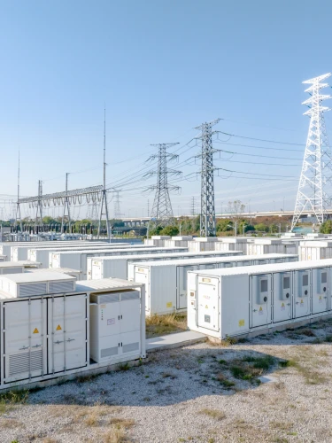Battery storage units and power lines at an electrical substation.