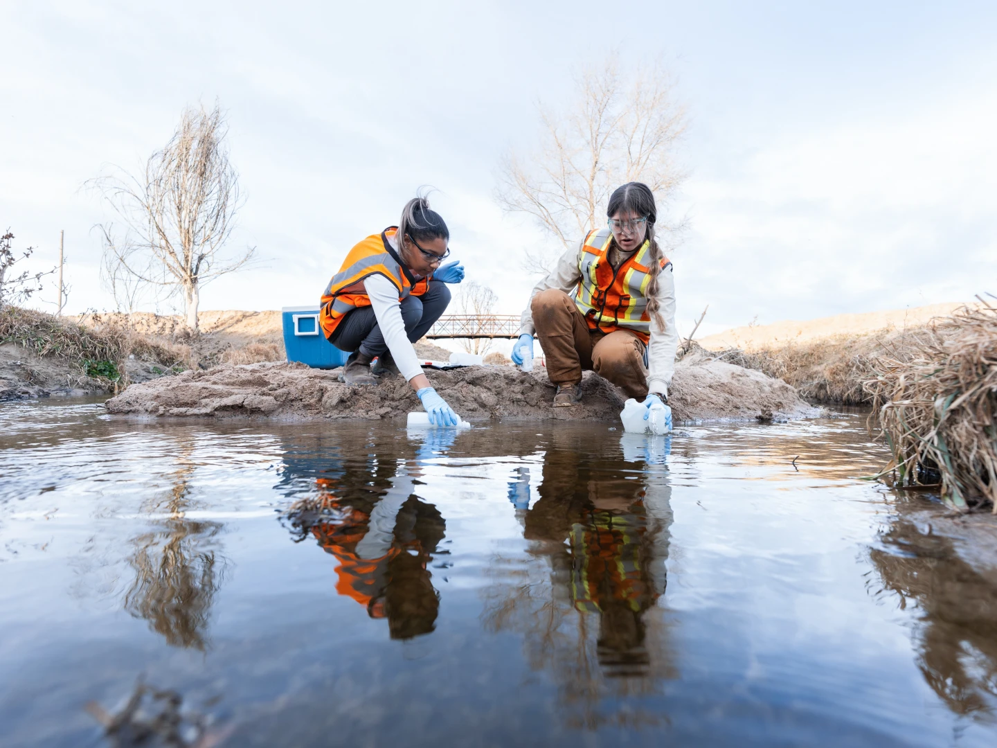 Environmental technicians collecting water quality samples from a stream during field monitoring activities.