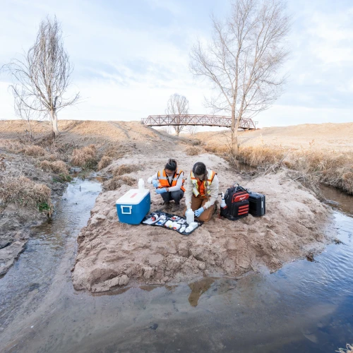 Employees collecting water samples in a stream.