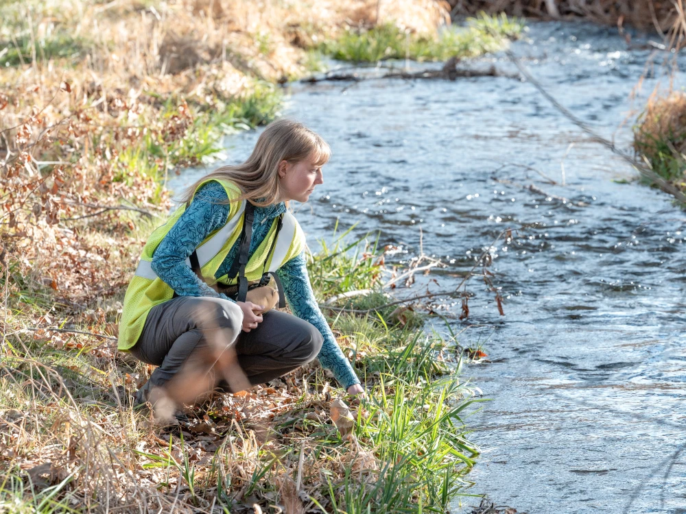 Environmental field scientist collecting a water sample from a stream.