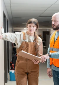 Two people wearing PPE Study a map in office