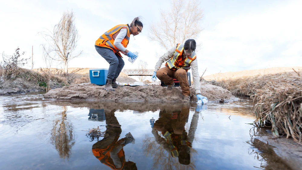Two employees wearing ppe taking water samples in the field-on site sampling.